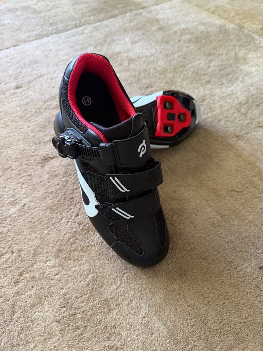 Peloton Women’s Black Cycling Shoes with White and Red Accents